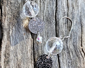 CRYSTAL LIGHTS natural large faceted ball clear quartz AB gemstone crystal dangle silver drop disc earrings pretty beads handmade wirework