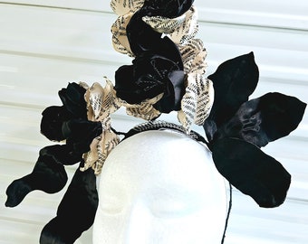 MISS IMOGEN handmade raceday fascinator contemporary black white cream monochrome headpiece flowers leaves party event black tie races hat