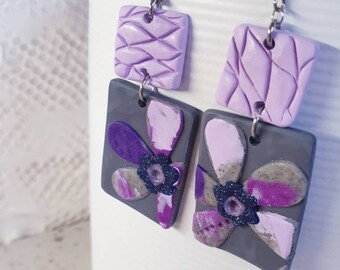 FREYJA unique floral nature wilderness large big long polymer clay grey purple mauve drop earrings art spring dangle textured flower gift