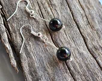 DEW DROPS Golden Obsidian gemstone crystal dangle earrings simplistic minimalist black beads handmade wirework work shop goth contempory