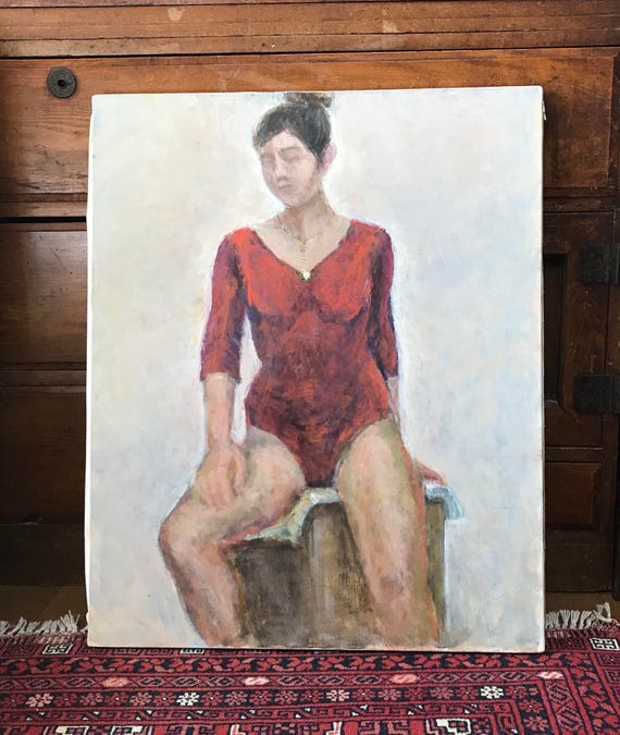 Huge Rare Japanese Vintage Oil Painting Of Woman In Leotard Etsy