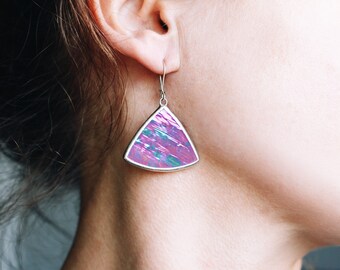 Iridescent Glass and Silver Wire Earrings, Sterling Silver, Statement Women's Original Jewelry, Summer Unique Accessories