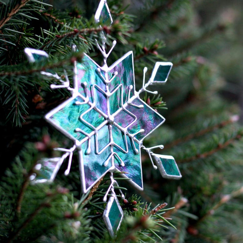 Iridescent Turquoise Blue Stained Glass Snowflakes Suncatcher, Festive