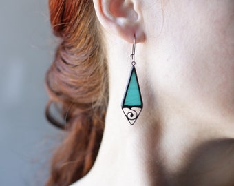 Turquoise Blue Stained Glass Earrings, Simple Beautiful  Long, Bright Delicate earrings, Geometric Jewellery, Summer Colors