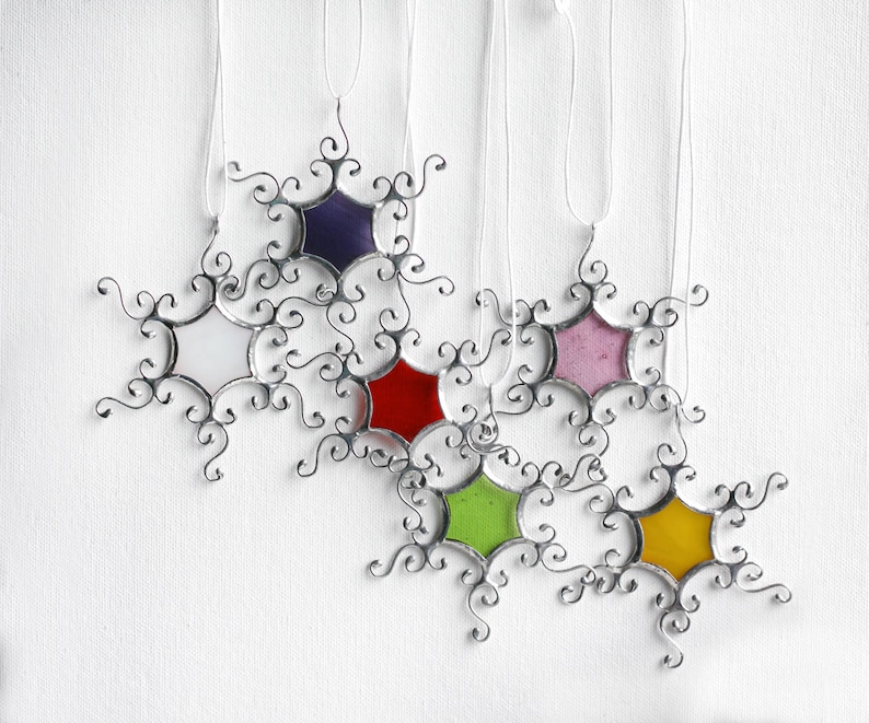 Colorful Stained Glass Snowflakes, Silver Snowflake Decoration, Winter Ornaments, Christmas Tree Ornaments, Winter Wedding Decor image 1