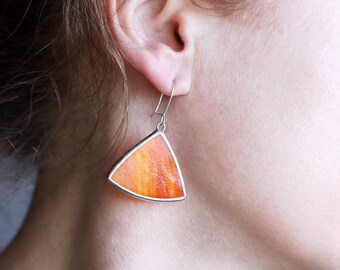 Orange Glass and Silver Wire Earrings, Sterling Silver, Statement Women's Original Jewelry, Fall Artisan Accessories