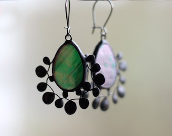 Floral Green Iridescent Spring Earrings, Stained Glass Metal Jewelry, Dichroic Statement Oval Leaves Earrings, Summer Unique For Her