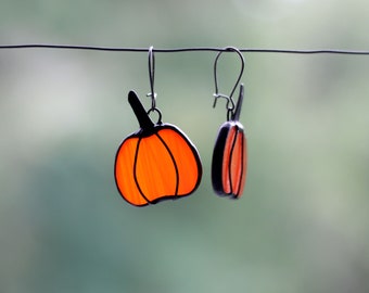 Pumpkin Earrings Bright Orange Fall Halloween Stained Glass Jewelry Gift for Her Autumn Nature by ArtKvarta