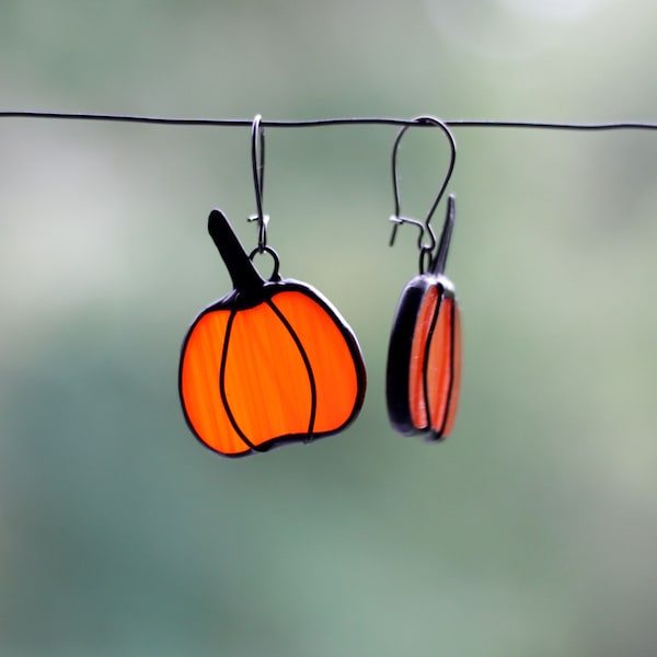 Pumpkin Earrings Bright Orange Fall Halloween Stained Glass Jewelry Gift for Her Autumn Nature by ArtKvarta