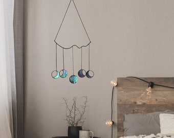 Moon Phases Wall Decor, Celestial Suncatcher, Iridescent Grey Sky Design, Artisan Home Decoration, Modern Minimalistic Interior