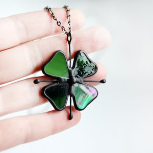 St. Patrick's Day Shamrock Symbol, Four Leaf Clover, Ireland Symbol, Green Floral Statement Necklace, Stained Glass Forest Spring Jewelry image 1