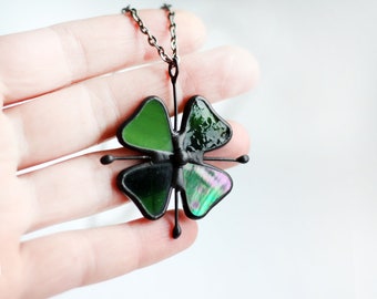 St. Patrick's Day Shamrock Symbol, Four Leaf Clover, Ireland Symbol, Green Floral Statement Necklace, Stained Glass Forest Spring Jewelry