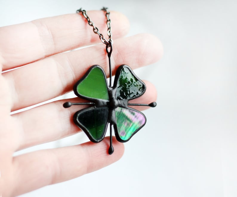 St. Patrick's Day Shamrock Symbol, Four Leaf Clover, Ireland Symbol, Green Floral Statement Necklace, Stained Glass Forest Spring Jewelry image 1