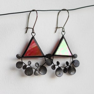 Floral Iridescent Red Earrings, Triangle Stained Glass Jewelry, Summer Bright Delicate Earrings, Statement Beautiful For Her image 2