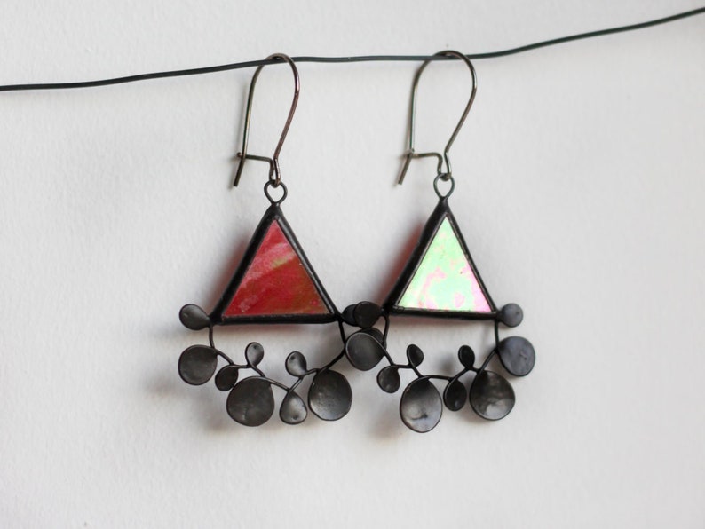 Floral Iridescent Red Earrings, Triangle Stained Glass Jewelry, Summer Bright Delicate Earrings, Statement Beautiful For Her image 2