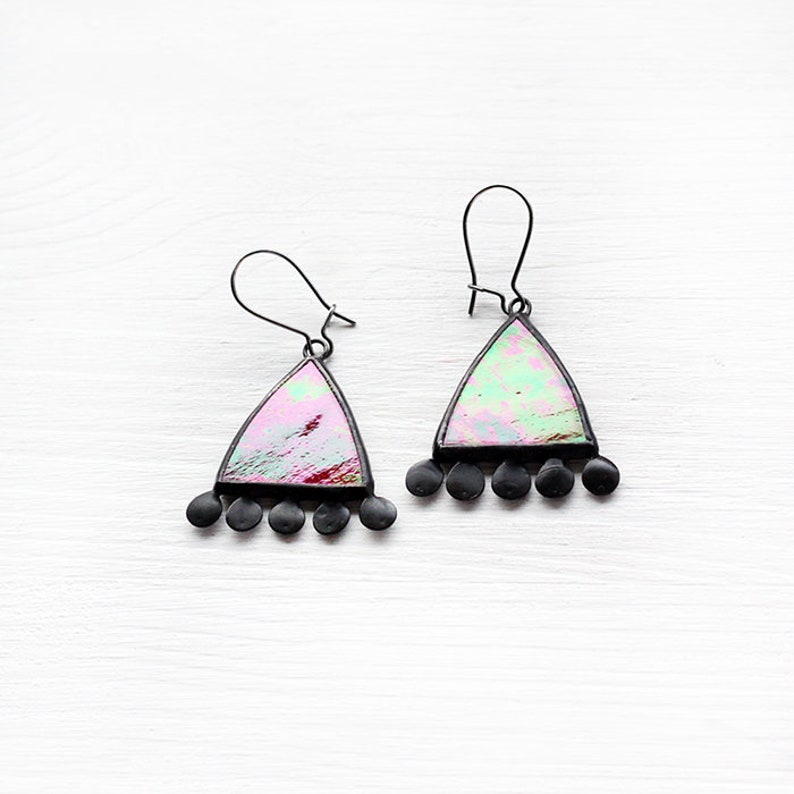 Iridescent Red Earrings, Dichroic Stained Glass Jewelry, Modern Bright Everyday Earrings, Statement Beautiful For Her image 2