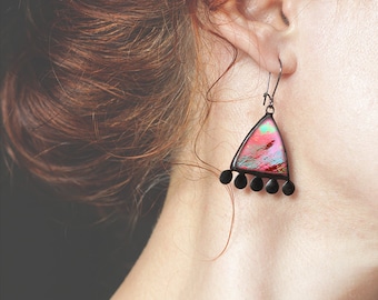 Iridescent Red Earrings, Dichroic Stained Glass Jewelry, Modern Bright Everyday Earrings, Statement Beautiful For Her