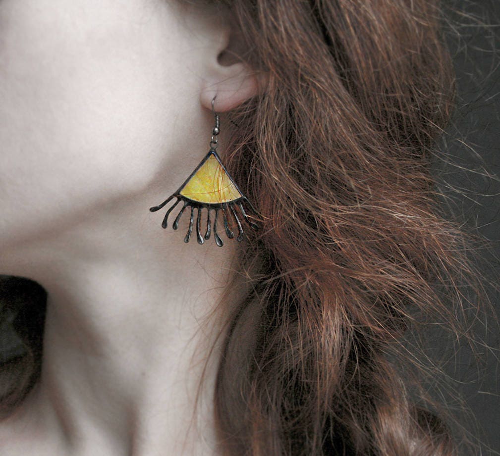 Sun Earrings Yellow Dangle Earrings Stained Glass Jewelry Etsy