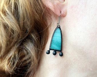 Long Blue Earrings, Turquoise Stained Glass Jewelry, Summer fashion, Unique Handcrafted