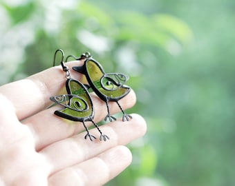 Green Birds Earrings, Nature inspired, Turquoise Blue Bird, Stained Glass Jewelry, Animal Lovers Gift, Statement Summer Forest Bird