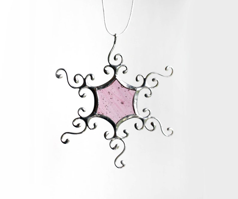 Colorful Stained Glass Snowflakes, Silver Snowflake Decoration, Winter Ornaments, Christmas Tree Ornaments, Winter Wedding Decor Soft Pink