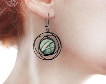 Green Iridescent Galaxy Earrings, Celestial Stained Glass Metal Jewelry, Dichroic Statement Big Circle Earrings, Spring Unique For Her