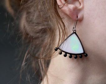 Iridescent White Modern Earrings, Opal Look Stained Glass Jewelry, Unique Big Simple Earrings, Summer Unique Gift For Her