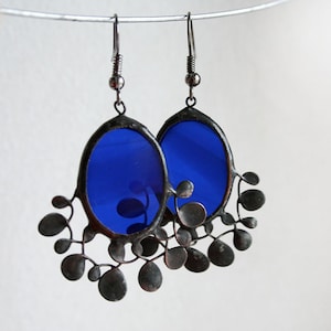 Cobalt Blue Earrings Metal Leaves Statement Stained Glass Jewelry Oval Bohemian Summer Creative Handmade Gift Nature Inspired image 1