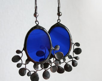 Cobalt Blue Earrings Metal Leaves Statement Stained Glass Jewelry Oval Bohemian Summer Creative Handmade Gift Nature Inspired