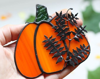 Pumpkin Fall Decor with Fern Leaf, Orange Stained Glass Autumn Ornament Gift by ArtKvarta