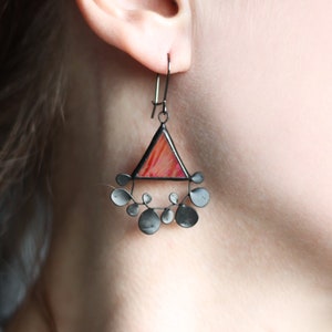 Floral Iridescent Red Earrings, Triangle Stained Glass Jewelry, Summer Bright Delicate Earrings, Statement Beautiful For Her image 1