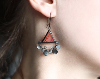 Floral Iridescent Red Earrings, Triangle Stained Glass Jewelry, Summer Bright Delicate Earrings, Statement Beautiful For Her