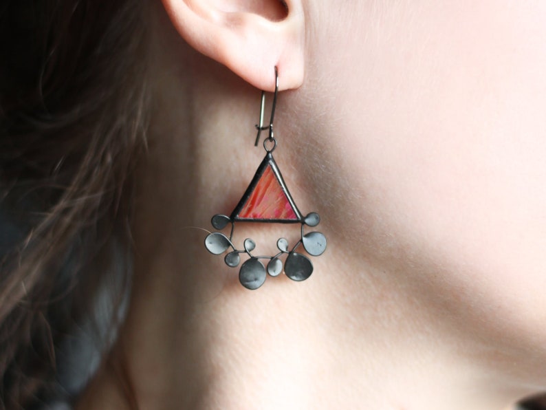 Floral Iridescent Red Earrings, Triangle Stained Glass Jewelry, Summer Bright Delicate Earrings, Statement Beautiful For Her image 1