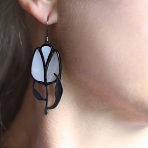 White Tulip Earrings, Artisan Statement Floral Stained Glass Jewelry For Her, Floral Look Idea image 1