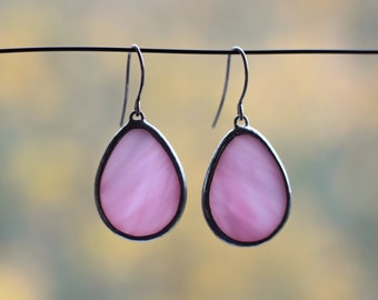 Simple Pink Earrings Sterling Silver Ear Wires Drop Earrings, Minimalist Winter Everyday Jewelry, Stained Glass Gift Idea For Her
