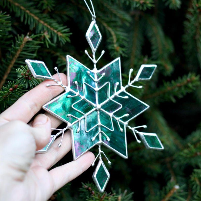 Iridescent Turquoise Blue Stained Glass Snowflakes Suncatcher, Festive