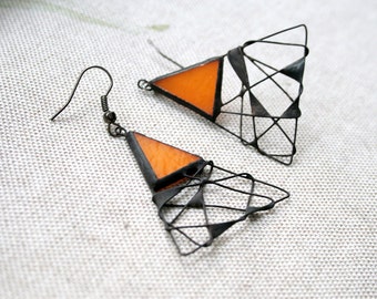 Unique Earrings Orange Triangle, Fall colors, Glass Metal, Statement Jewelry, Autumn fashion