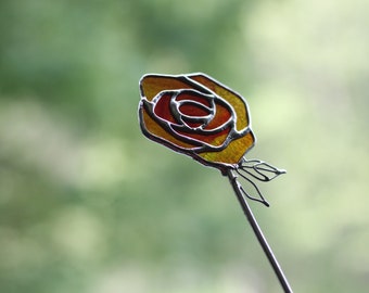 Red Rose Decor Stained Glass Flower, Mother's Day Gift Idea, Floral Silver Ornament, Handmade Sun Catches, Home Interior Ideas