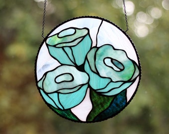 Stained Glass Hanging Decor, Surreal Flower Picture Suncatcher, Modern Blue Home Decor, Wall Unique Decor