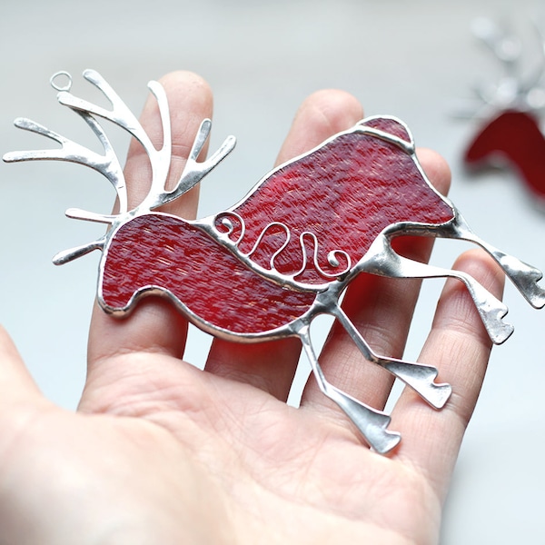 Red Reindeer Decor, Plata Navidad Vidrieras Deer Ornament, Vidrieras Sun Catches, Ideas de decoración del hogar
