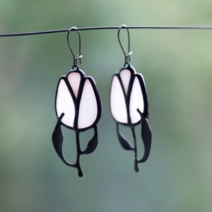 White Tulip Earrings, Artisan Statement Floral Stained Glass Jewelry For Her, Floral Look Idea image 3