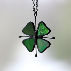 St. Patrick's Day Shamrock Symbol, Four Leaf Clover, Ireland Symbol, Green Floral Statement Necklace, Stained Glass Forest Spring Jewelry image 2