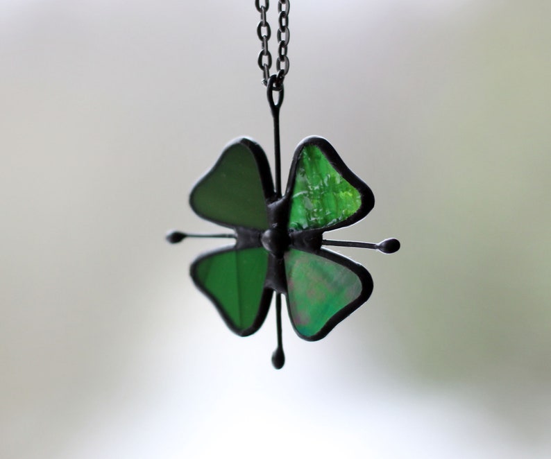 St. Patrick's Day Shamrock Symbol, Four Leaf Clover, Ireland Symbol, Green Floral Statement Necklace, Stained Glass Forest Spring Jewelry image 2