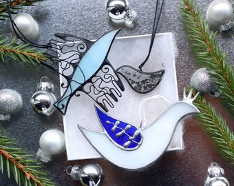 50% discount! Christmas Birds Gift Set, Blue White Bird Decoration, Terrarium Silver Bird Pendant, Stained Glass Holiday Gift Ideas