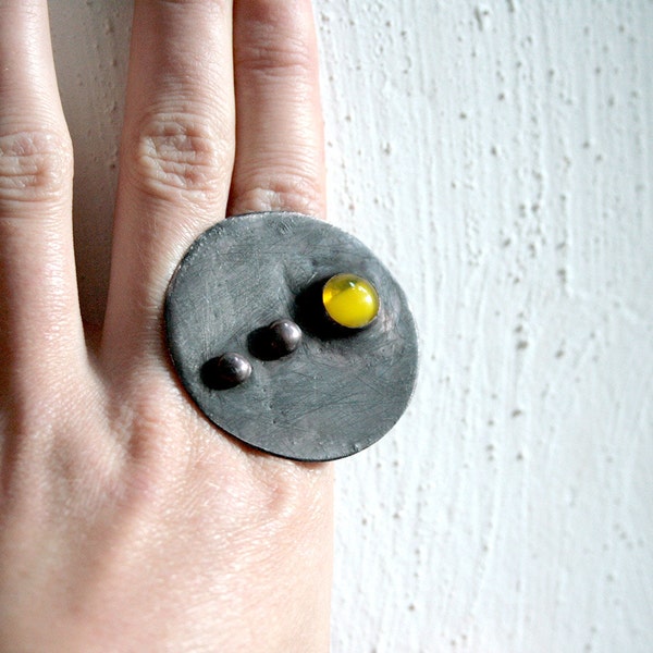 Statement copper ring, yellow drop, cocktail ring, unique ring, adjustable ring