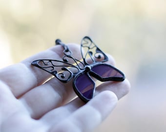 Purple Butterfly Necklace Pendant, Lace Metal Wings, Eggplant Purple Statement Stained Glass Jewelry, Unique Handmade, Nature Lovers Gift