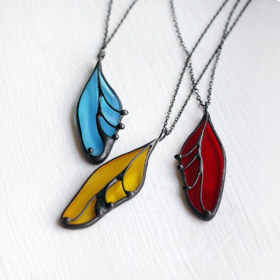 Blue and Pink tones silver hand painted feather necklace with free mini gift Large Red