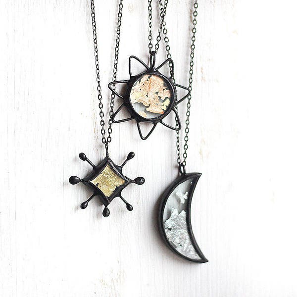 Celestial Necklaces, Terrarium Glitter Pendant, Sun, Half Moon, Star, Sky Jewelry, Gold Silver Moon Phase, Celestial Jewelry Boho