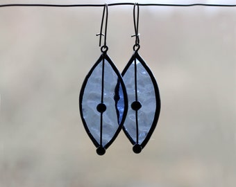 Blue Leaves Earrings Stained Glass Jewellery, Statement Long Earrings, Simple Beautiful, Christmas Winter Fashion by ArtKvarta