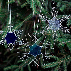 Snowflake Set of 3 Stained Glass Suncatcher, Christmas Tree Handmade Unique Ornaments, Scandinavian Decor